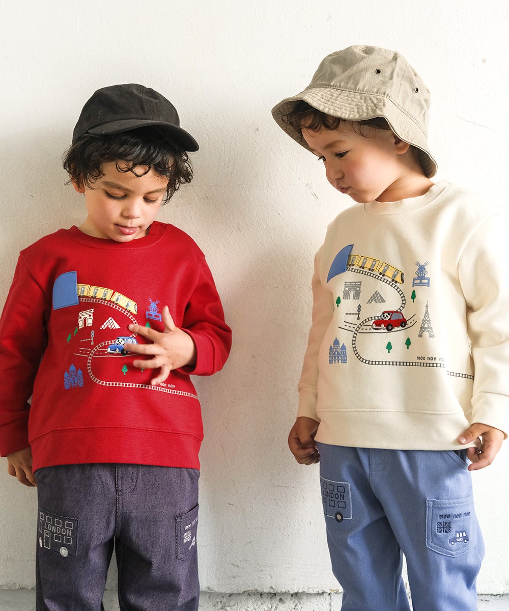 ベビー服 男の子 電車 車 刺繍 乗り物 トレーナー レッド(03) モデル画像4