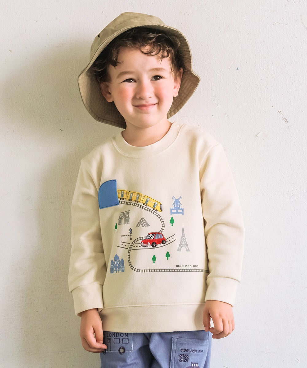 ベビー服 男の子 電車 車 刺繍 乗り物 トレーナー アイボリー(12) モデル画像アップ