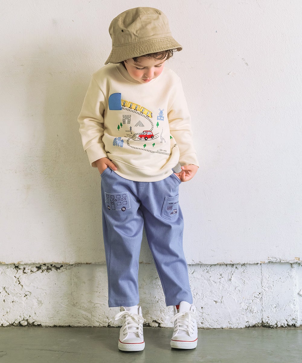 ベビー服 男の子 電車 車 刺繍 乗り物 トレーナー アイボリー(12) モデル画像全身