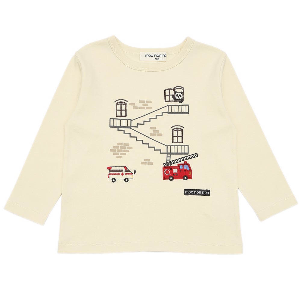 ベビー服 男の子 綿100％ 救急車 消防車 乗り物 モチーフ Tシャツ アイボリー(12) 正面