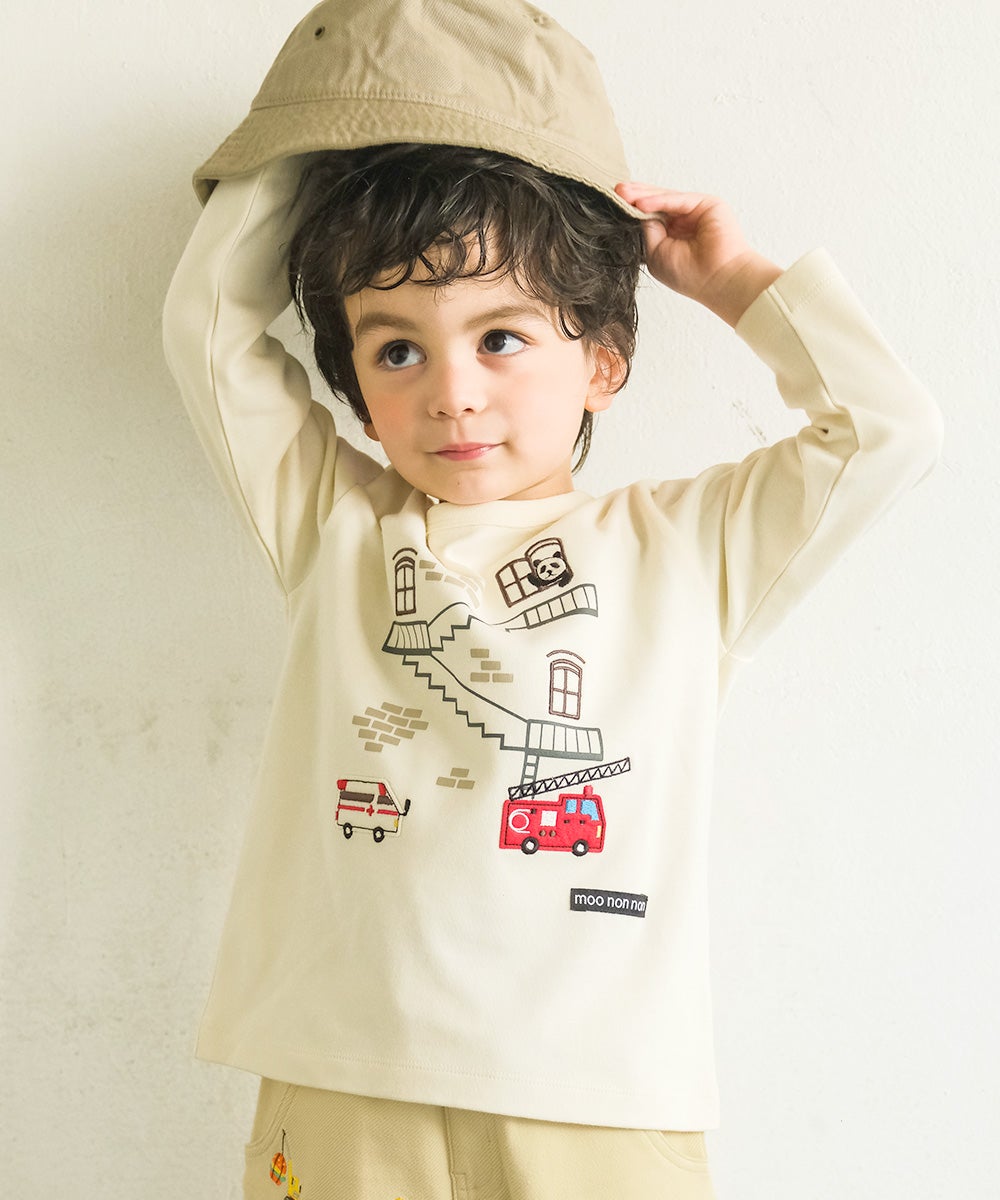 ベビー服 男の子 綿100％ 救急車 消防車 乗り物 モチーフ Tシャツ アイボリー(12) モデル画像アップ
