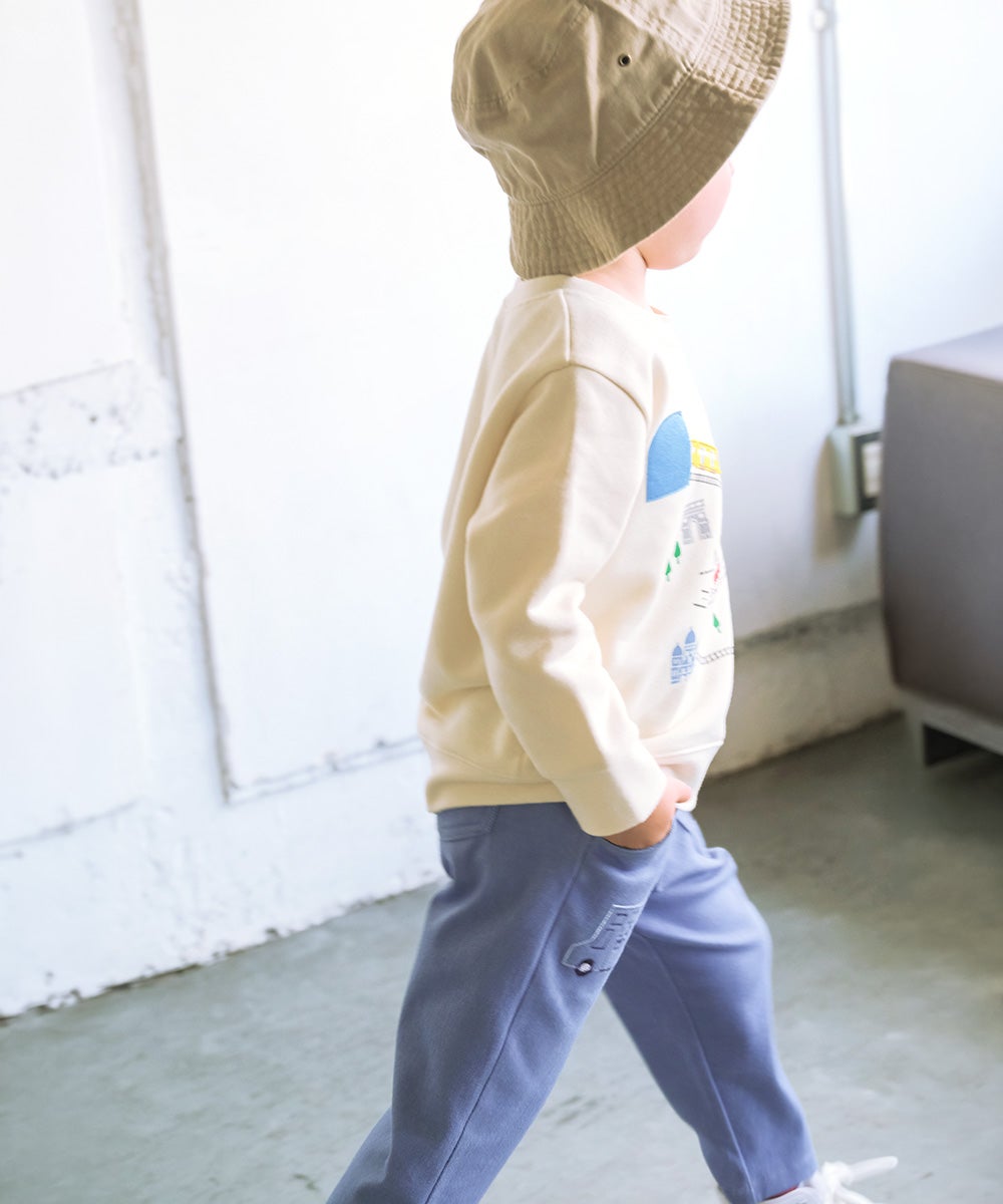 ベビー服 男の子 デニムツイルニット  ロンドンバス 刺繍 ストレッチ ロングパンツ ブルー(61) モデル画像1