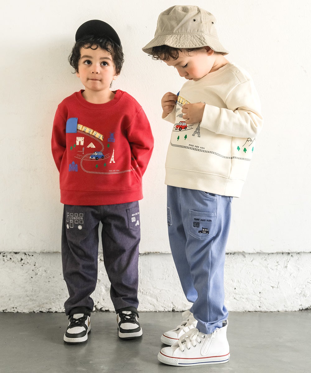 ベビー服 男の子 デニムツイルニット  ロンドンバス 刺繍 ストレッチ ロングパンツ ブルー(61) モデル画像4