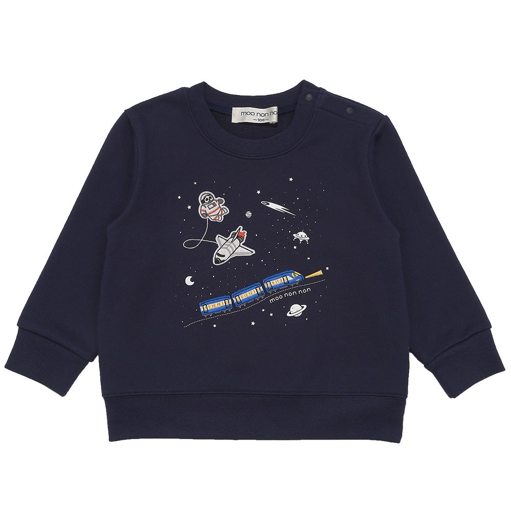 ベビー服 男の子 宇宙 電車 乗り物 ワッペン 刺繍 トレーナー ネイビー(06) 正面