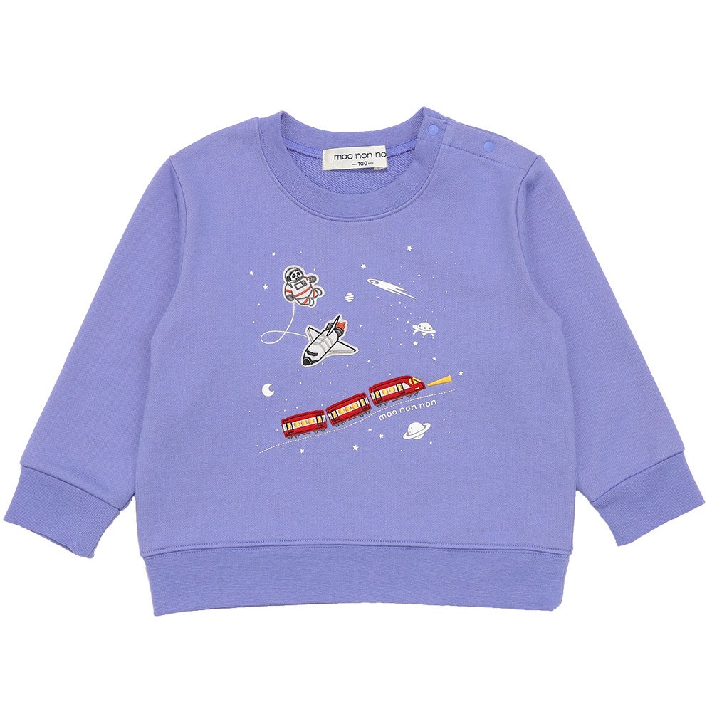 ベビー服 男の子 宇宙 電車 乗り物 ワッペン 刺繍 トレーナー ブルー(61) 正面
