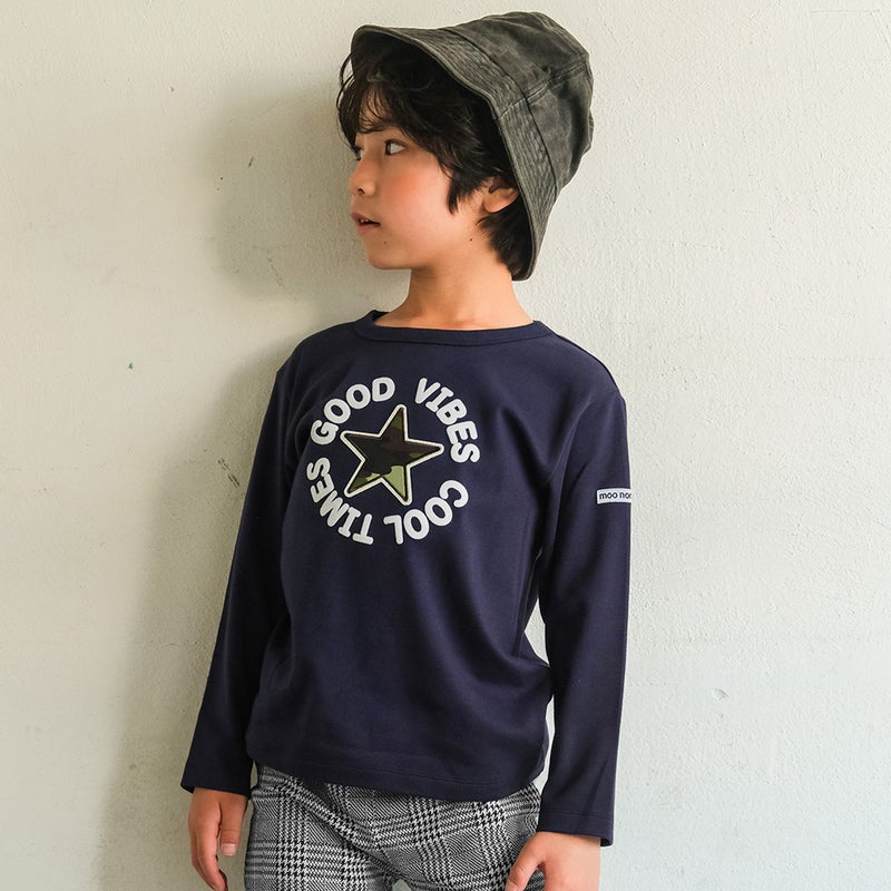 子供服 男の子 子ども服 こども キッズ ジュニア 綿100％ 迷彩柄 星ワッペン フロッキーロゴプリント