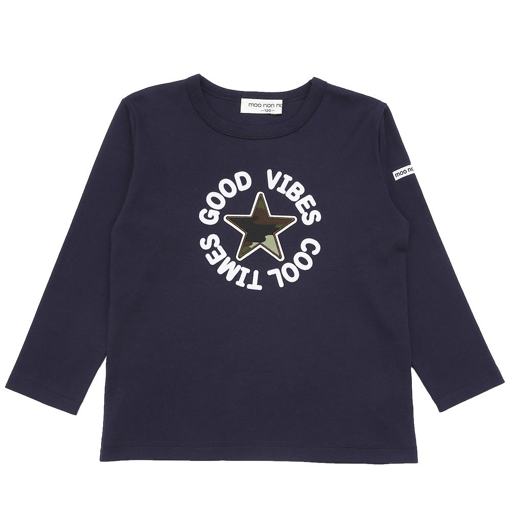 子供服 男の子 子ども服 こども キッズ ジュニア 綿100％ 迷彩柄 星ワッペン フロッキーロゴプリント ネイビー(06) 正面