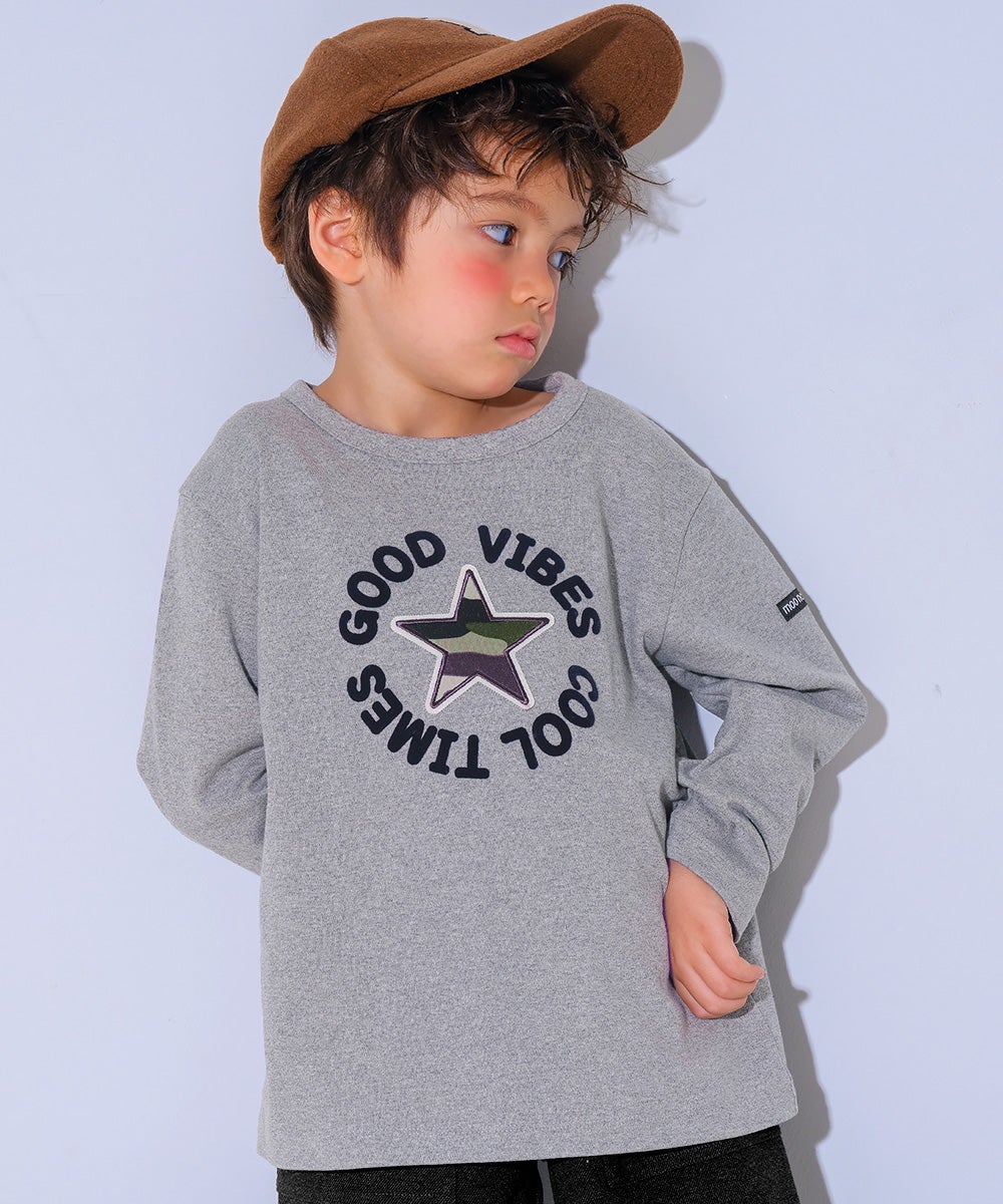 子供服 男の子 子ども服 こども キッズ ジュニア 綿100％ 迷彩柄 星ワッペン フロッキーロゴプリント 杢ｸﾞﾚｰ(92) モデル画像アップ