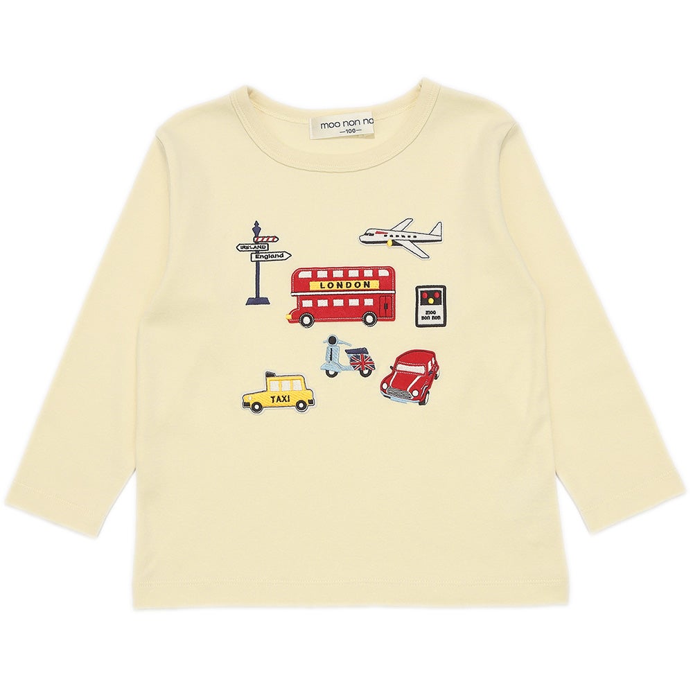 ベビー服 男の子 綿100％ ロンドンバス 乗り物 ワッペン Tシャツ アイボリー(12) 正面
