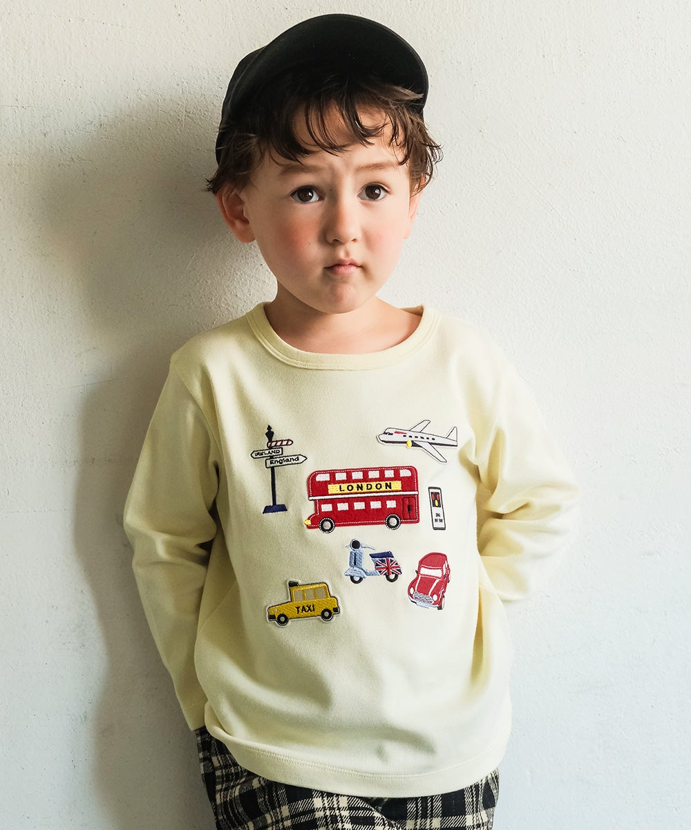 ベビー服 男の子 綿100％ ロンドンバス 乗り物 ワッペン Tシャツ アイボリー(12) モデル画像アップ