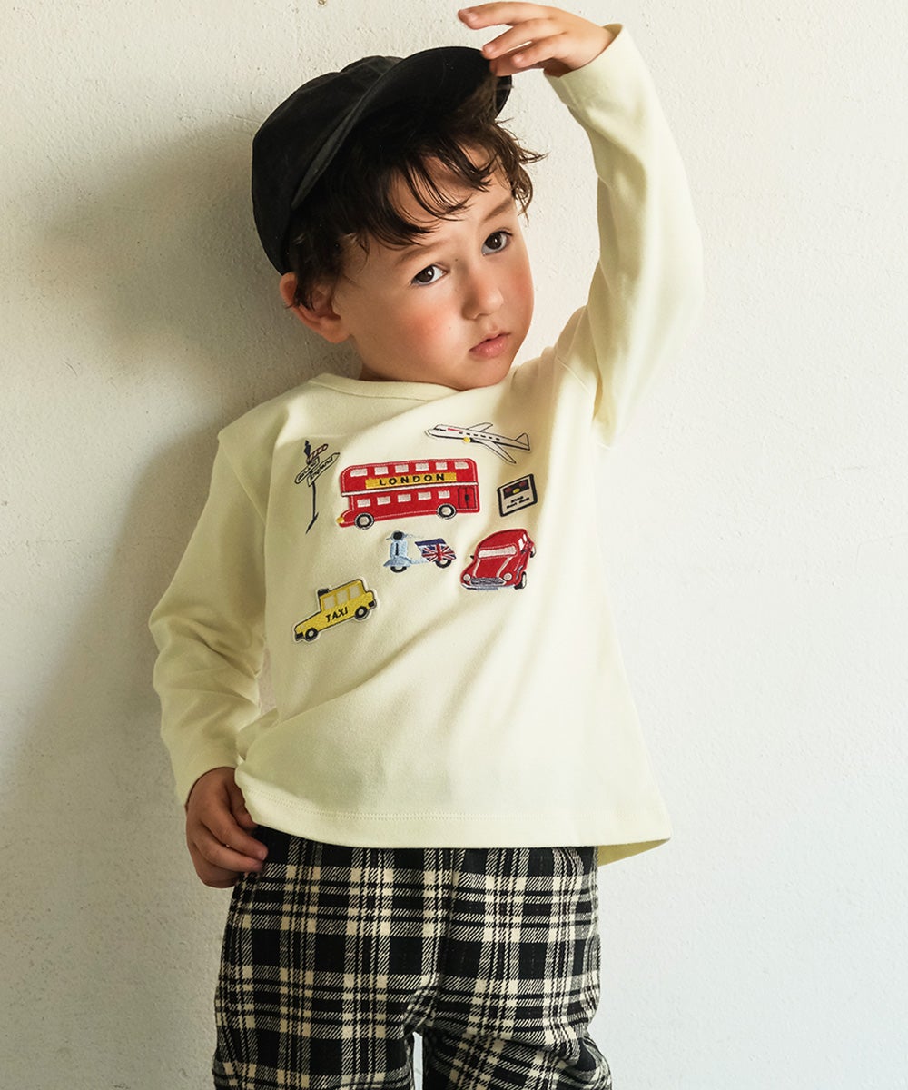 ベビー服 男の子 綿100％ ロンドンバス 乗り物 ワッペン Tシャツ アイボリー(12) モデル画像1