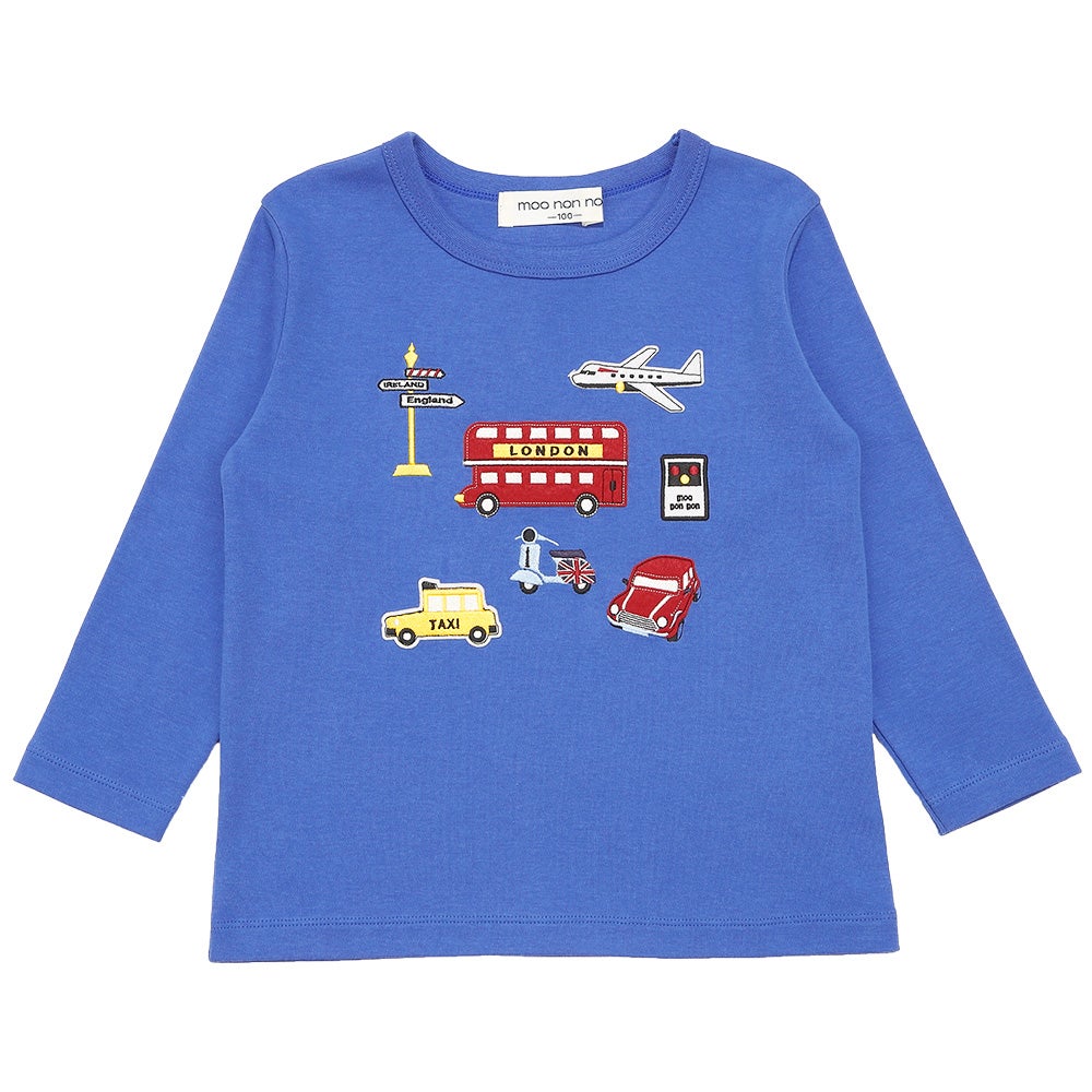 ベビー服 男の子 綿100％ ロンドンバス 乗り物 ワッペン Tシャツ ブルー(61) 正面