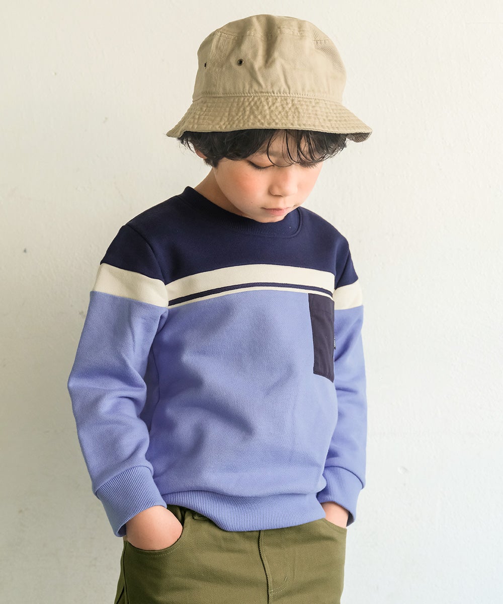 子供服 男の子 子ども服 こども キッズ ジュニア ポケットつき 配色切り替え 長そで 裏毛トレーナー ブルー(61) モデル画像1