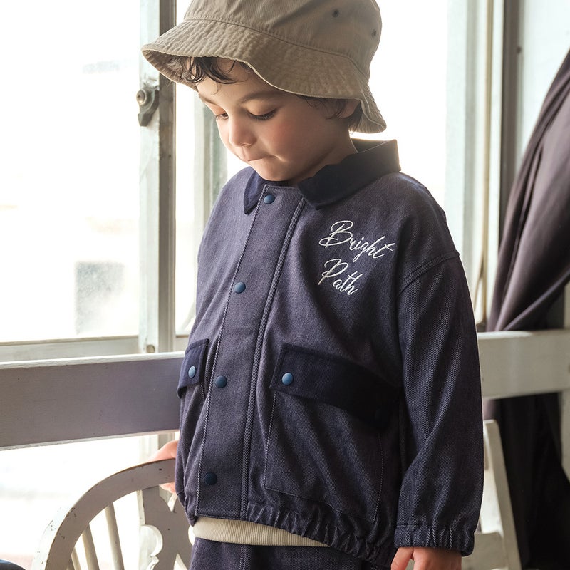 ベビー服 男の子 子ども服 こども 男女兼用 デニムニット ロゴ刺繍 ポケット 襟付き ブルゾン