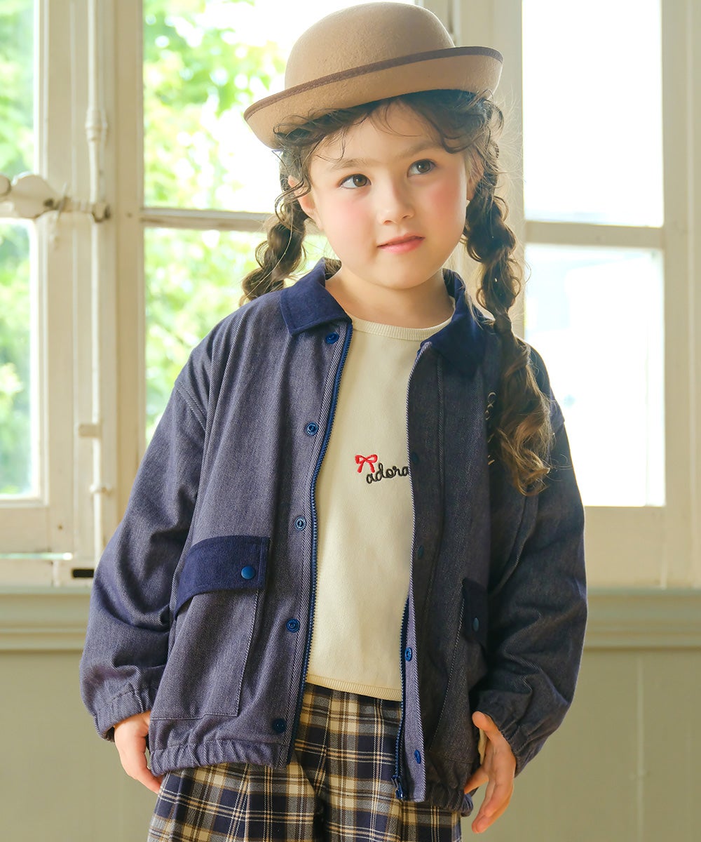 ベビー服 男の子 子ども服 こども 男女兼用 デニムニット ロゴ刺繍 ポケット 襟付き ブルゾン ネイビー(06) モデル画像3