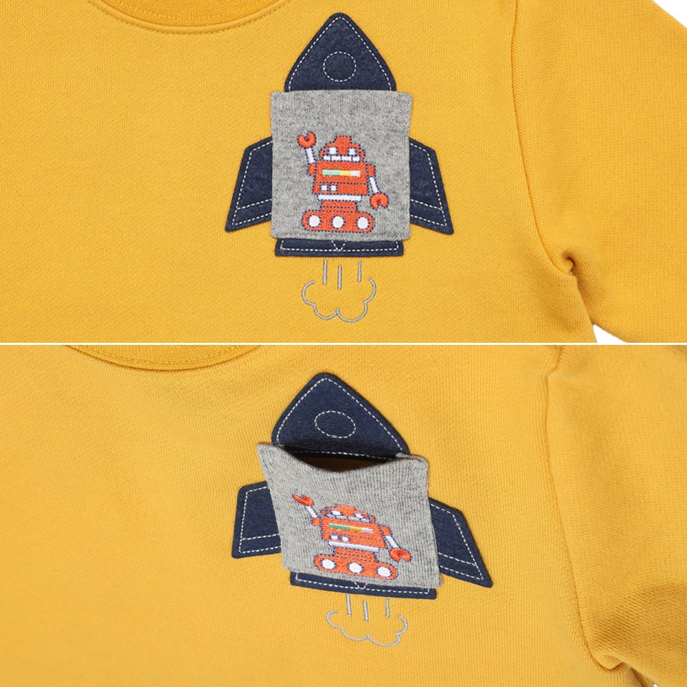 ベビー服 男の子 ロケット ＆ ロボット 刺繍 ポケットつき 裏毛トレーナー イエロー(04) デザインポイント1