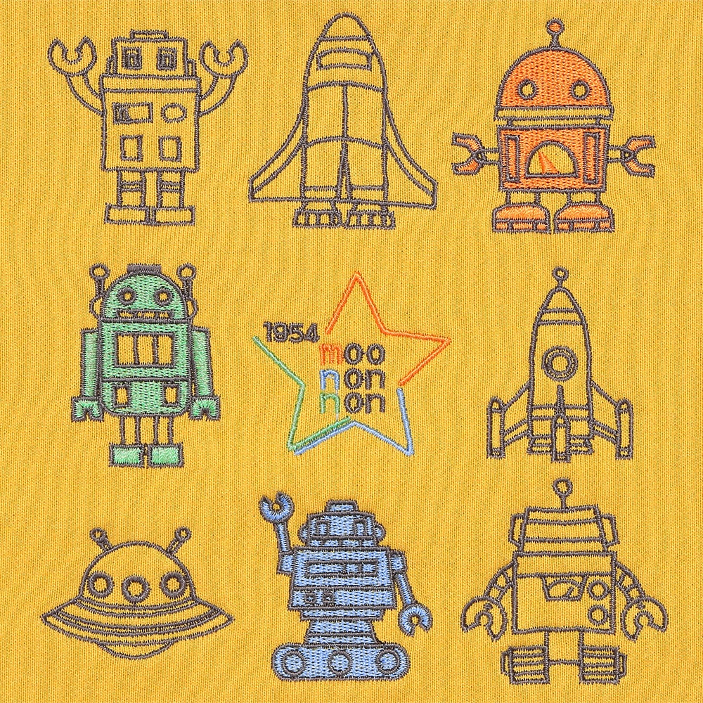 ベビー服 男の子 ロケット ＆ ロボット 刺繍 ポケットつき 裏毛トレーナー イエロー(04) デザインポイント2