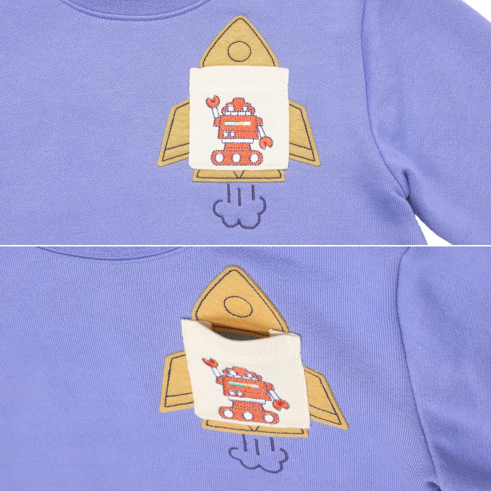 ベビー服 男の子 ロケット ＆ ロボット 刺繍 ポケットつき 裏毛トレーナー ブルー(61) デザインポイント1