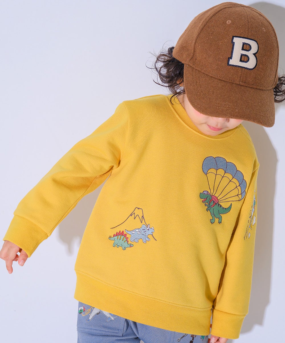 ベビー服 男の子 子ども服 こども キッズ 恐竜 刺繍 ダイナソー パラシュート モチーフ 長そで イエロー(04) モデル画像アップ