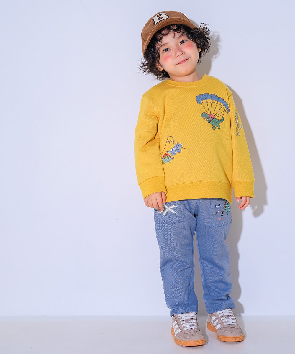 ベビー服 男の子 子ども服 こども キッズ 恐竜 刺繍 ダイナソー パラシュート モチーフ 長そで イエロー(04) モデル画像全身