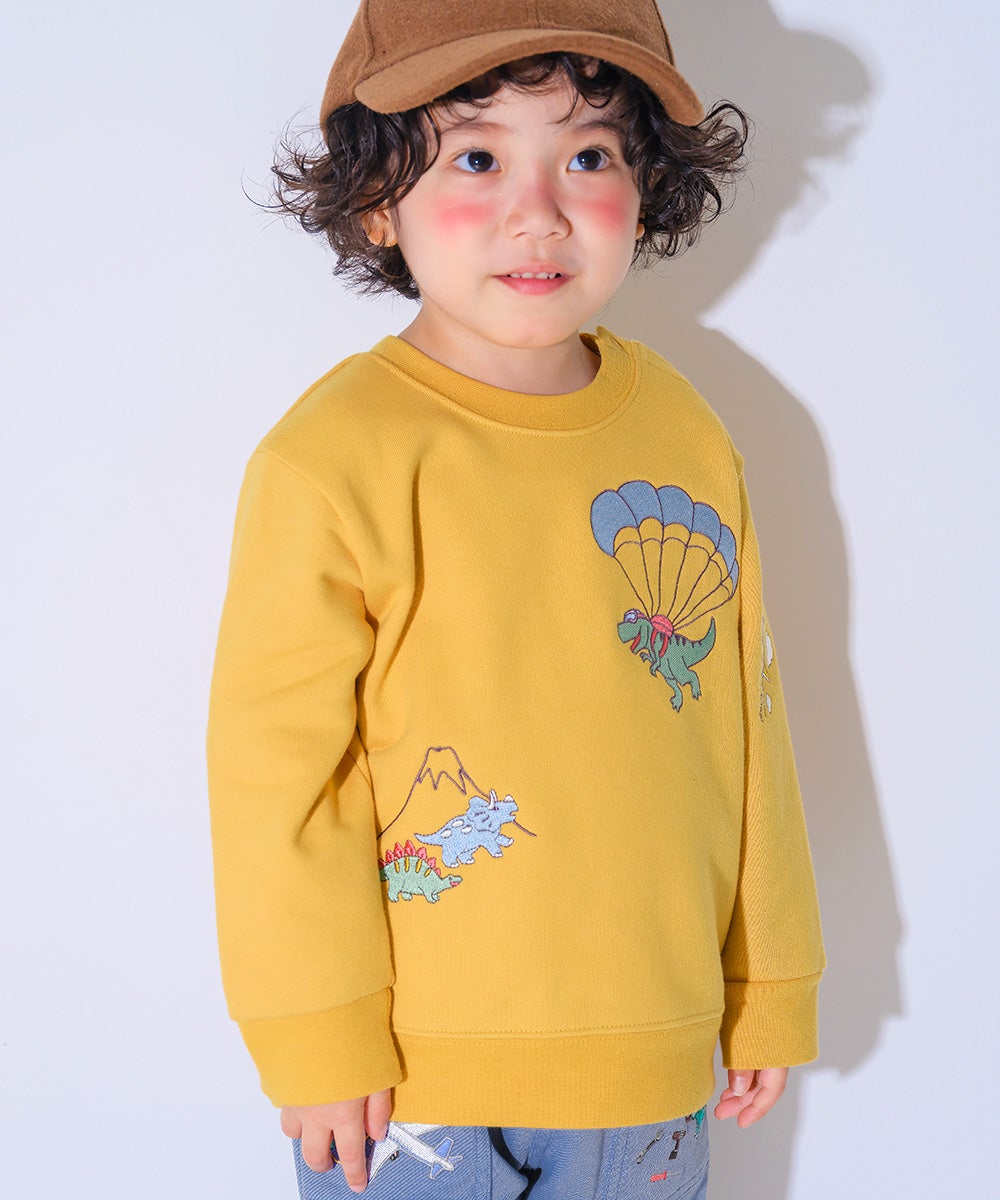 ベビー服 男の子 子ども服 こども キッズ 恐竜 刺繍 ダイナソー パラシュート モチーフ 長そで イエロー(04) モデル画像1