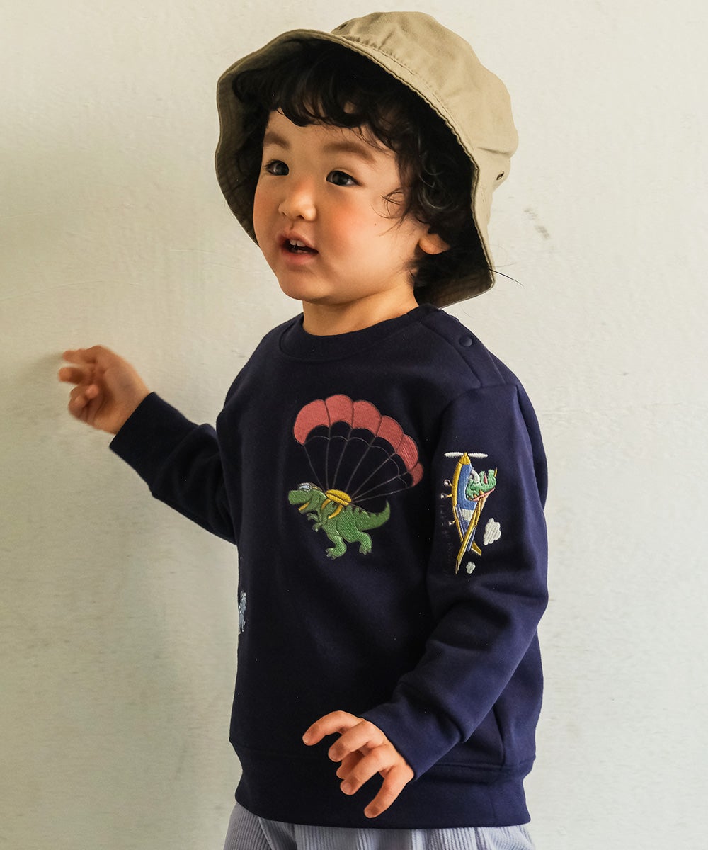 ベビー服 男の子 子ども服 こども キッズ 恐竜 刺繍 ダイナソー パラシュート モチーフ 長そで ネイビー(06) モデル画像アップ