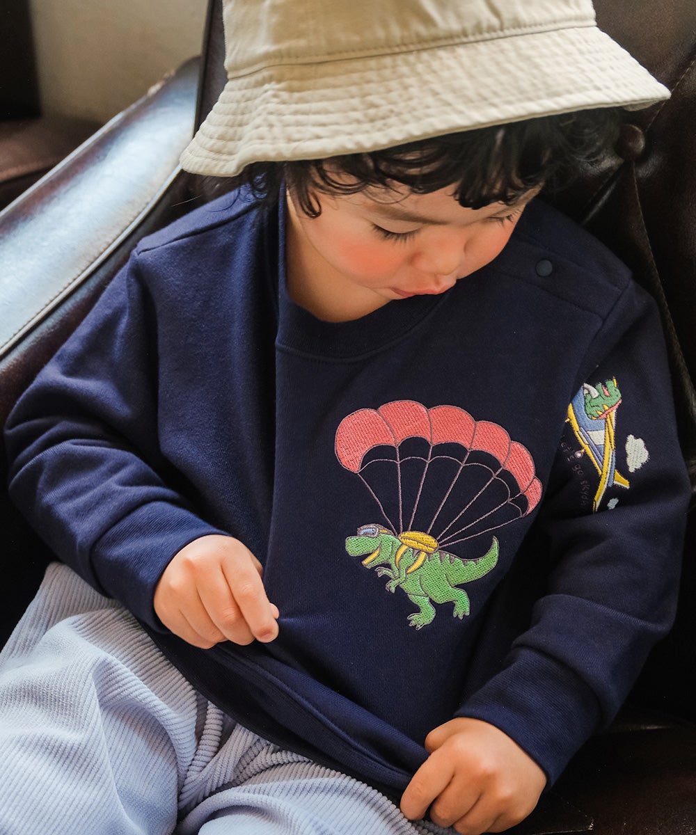 ベビー服 男の子 子ども服 こども キッズ 恐竜 刺繍 ダイナソー パラシュート モチーフ 長そで ネイビー(06) モデル画像1