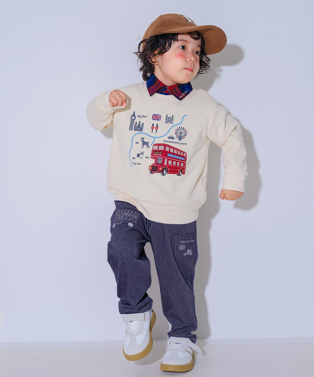 ベビー服 男の子 子ども服 こども キッズ 乗り物 ロンドンバス ワッペン 刺繍 海外 プリント アイボリー(12) モデル画像全身
