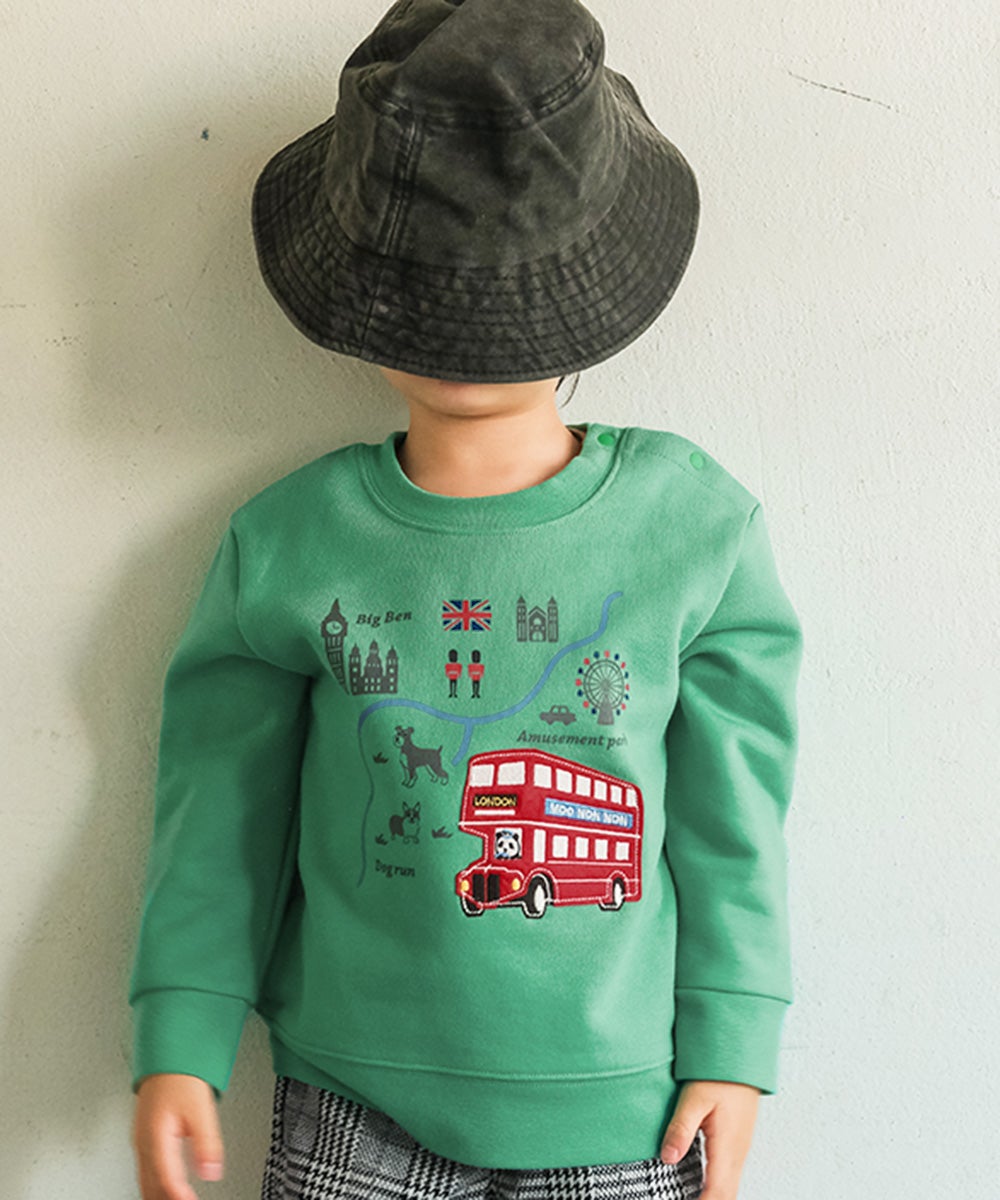ベビー服 男の子 子ども服 こども キッズ 乗り物 ロンドンバス ワッペン 刺繍 海外 プリント グリーン(08) モデル画像アップ