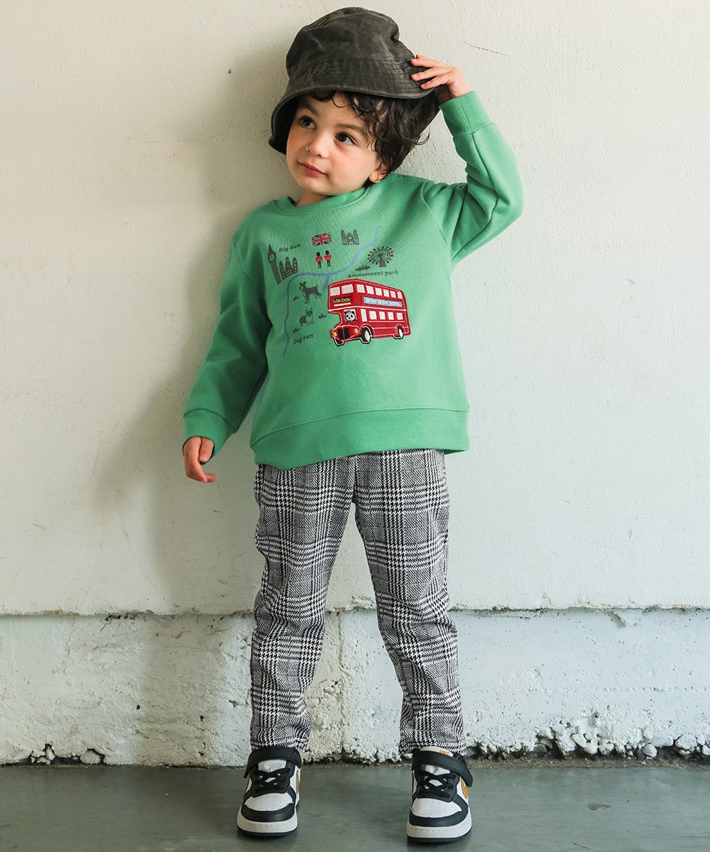 ベビー服 男の子 子ども服 こども キッズ 乗り物 ロンドンバス ワッペン 刺繍 海外 プリント グリーン(08) モデル画像全身