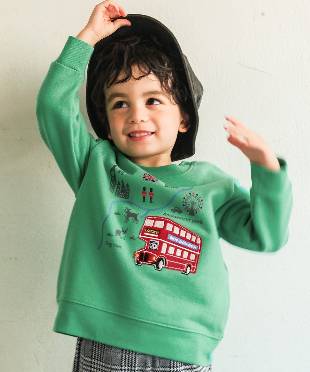 ベビー服 男の子 子ども服 こども キッズ 乗り物 ロンドンバス ワッペン 刺繍 海外 プリント グリーン(08) モデル画像1