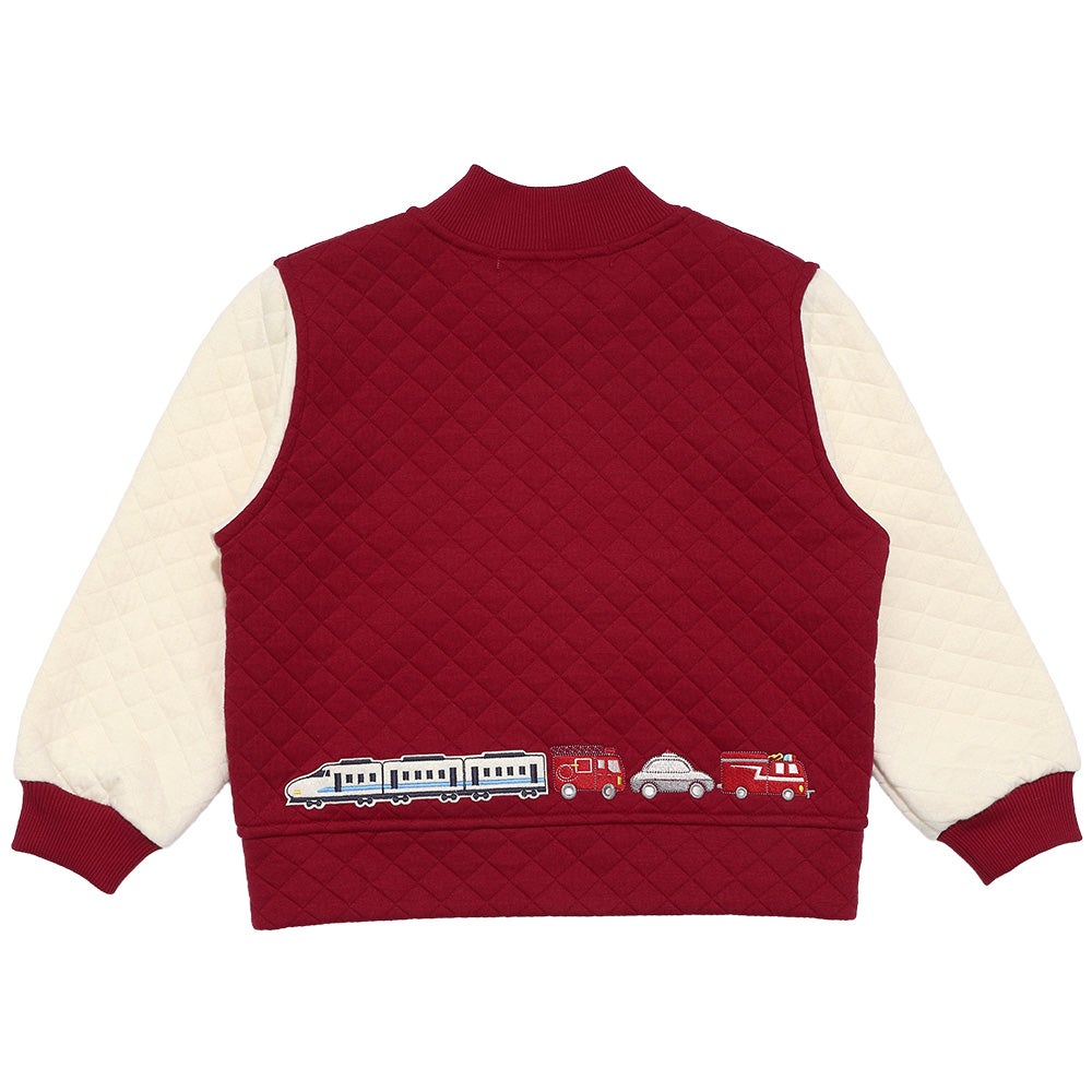 ベビー服 男の子 電車 はたらく車 乗り物ワッペン ニットキルトジャケット レッド(03) 背面