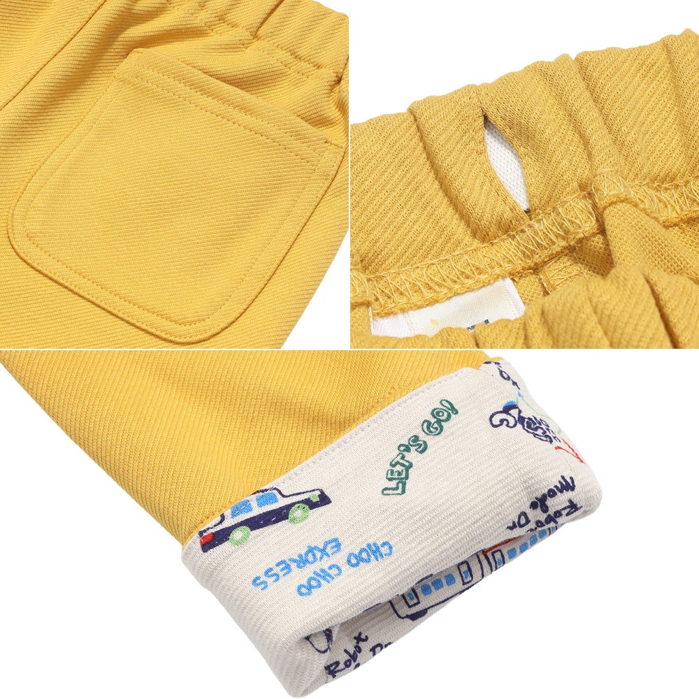 ベビー服 男の子 子ども服 こども キッズストレッチ ツイルニット 乗り物 ロゴ 折り返し 2way ロングパンツ イエロー(04) デザインポイント2