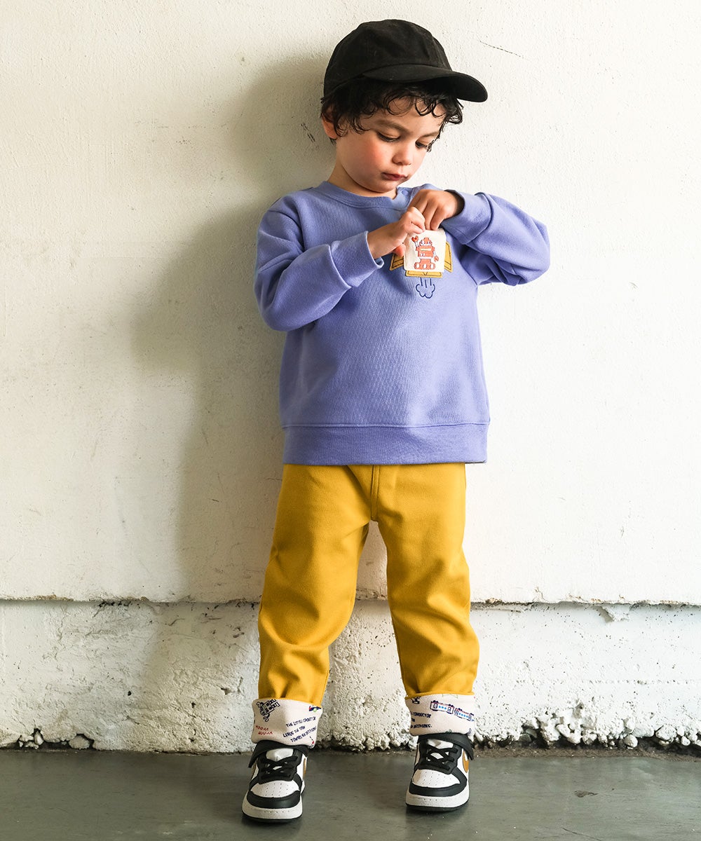 ベビー服 男の子 子ども服 こども キッズストレッチ ツイルニット 乗り物 ロゴ 折り返し 2way ロングパンツ イエロー(04) モデル画像アップ