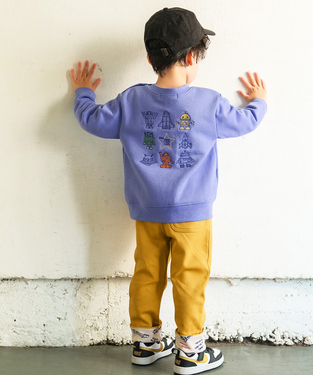 ベビー服 男の子 子ども服 こども キッズストレッチ ツイルニット 乗り物 ロゴ 折り返し 2way ロングパンツ イエロー(04) モデル画像全身