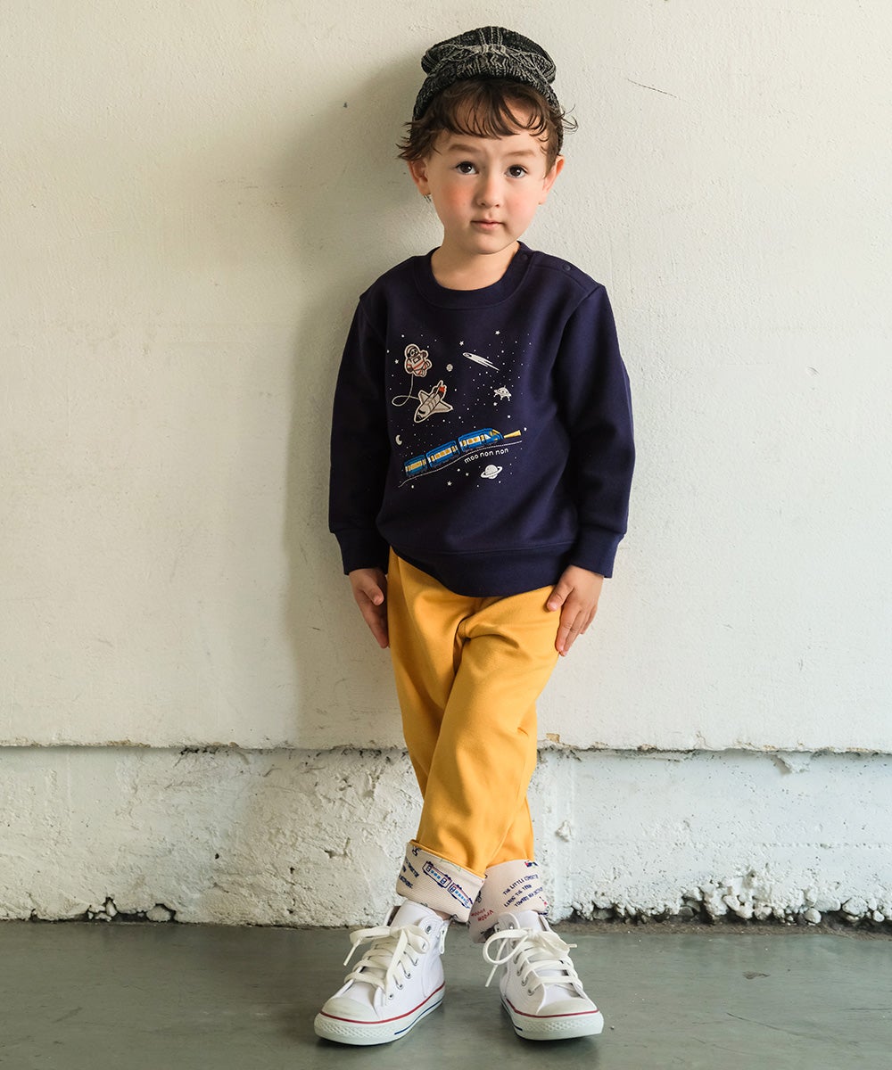 ベビー服 男の子 子ども服 こども キッズストレッチ ツイルニット 乗り物 ロゴ 折り返し 2way ロングパンツ イエロー(04) モデル画像2