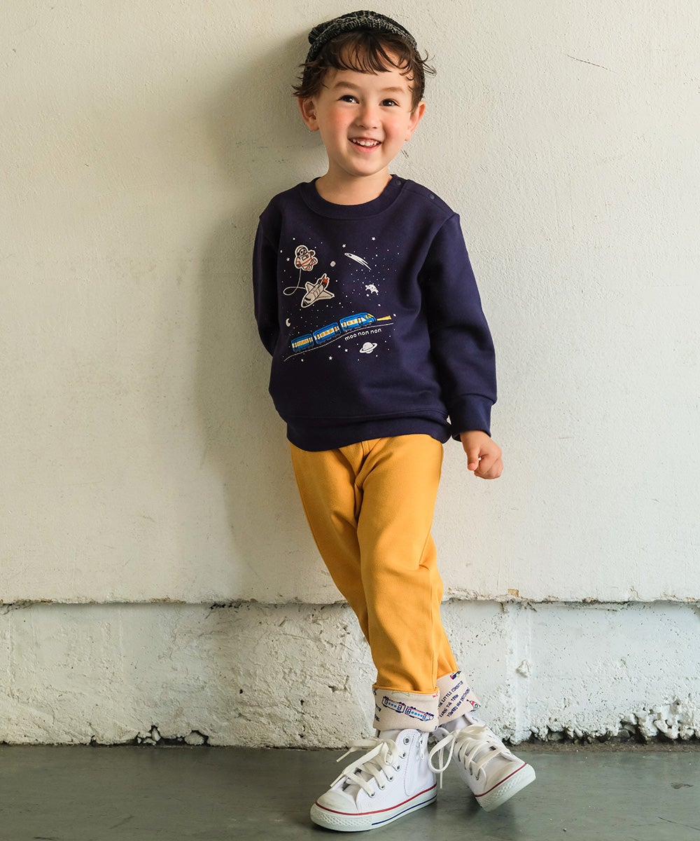 ベビー服 男の子 子ども服 こども キッズストレッチ ツイルニット 乗り物 ロゴ 折り返し 2way ロングパンツ イエロー(04) モデル画像3