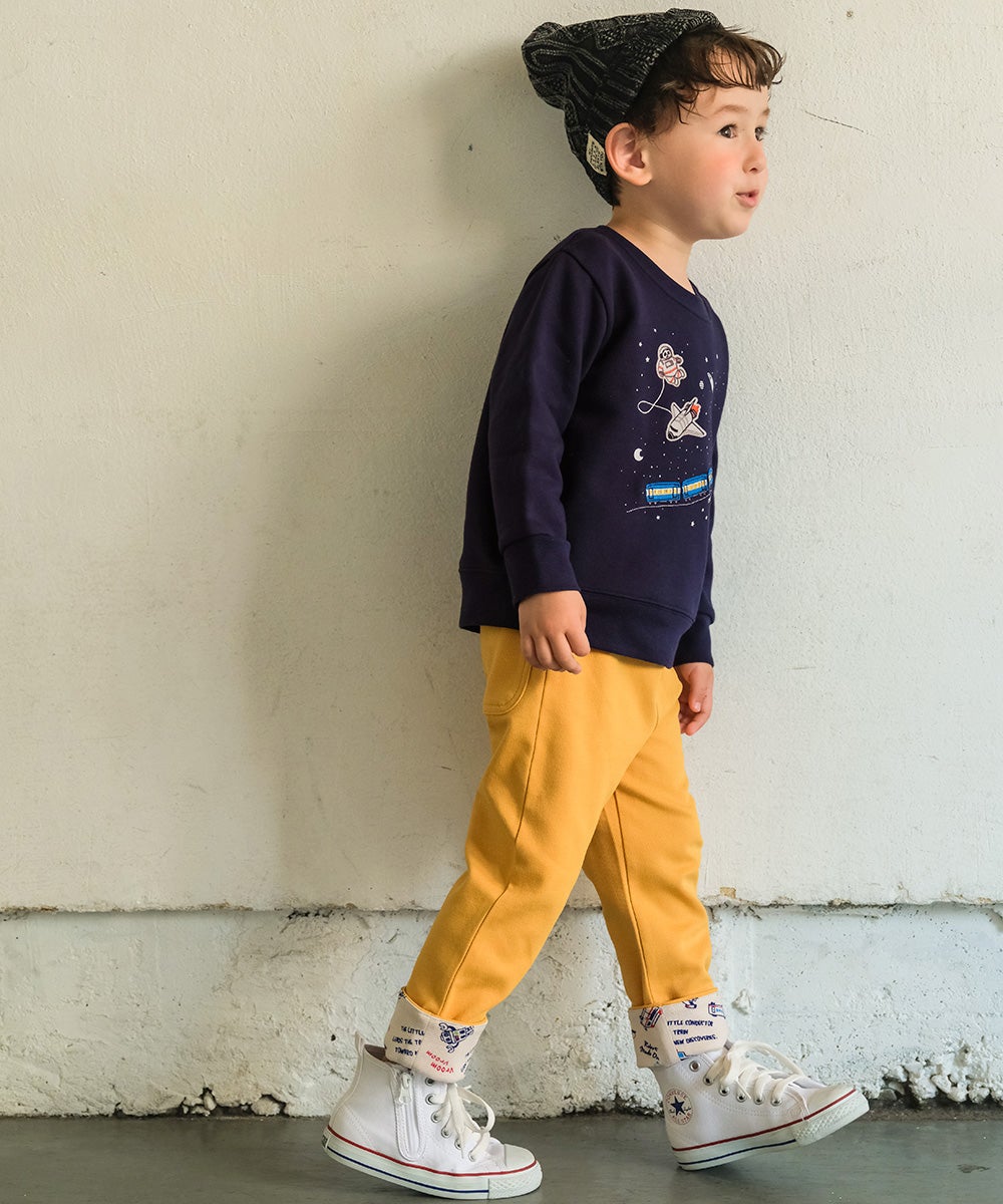 ベビー服 男の子 子ども服 こども キッズストレッチ ツイルニット 乗り物 ロゴ 折り返し 2way ロングパンツ イエロー(04) モデル画像4