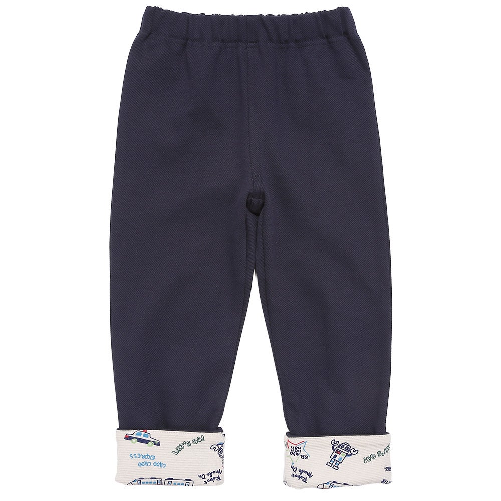 ベビー服 男の子 子ども服 こども キッズストレッチ ツイルニット 乗り物 ロゴ 折り返し 2way ロングパンツ ネイビー(06) 正面