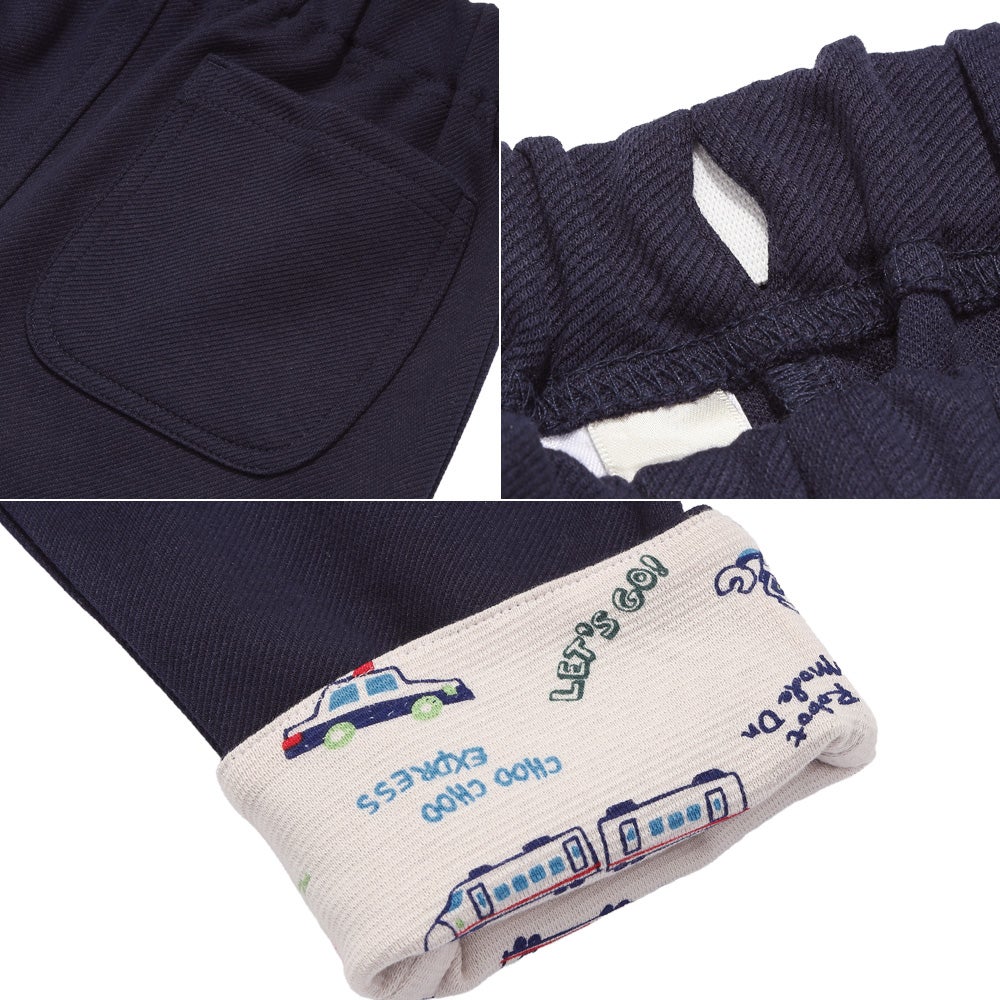 ベビー服 男の子 子ども服 こども キッズストレッチ ツイルニット 乗り物 ロゴ 折り返し 2way ロングパンツ ネイビー(06) デザインポイント2