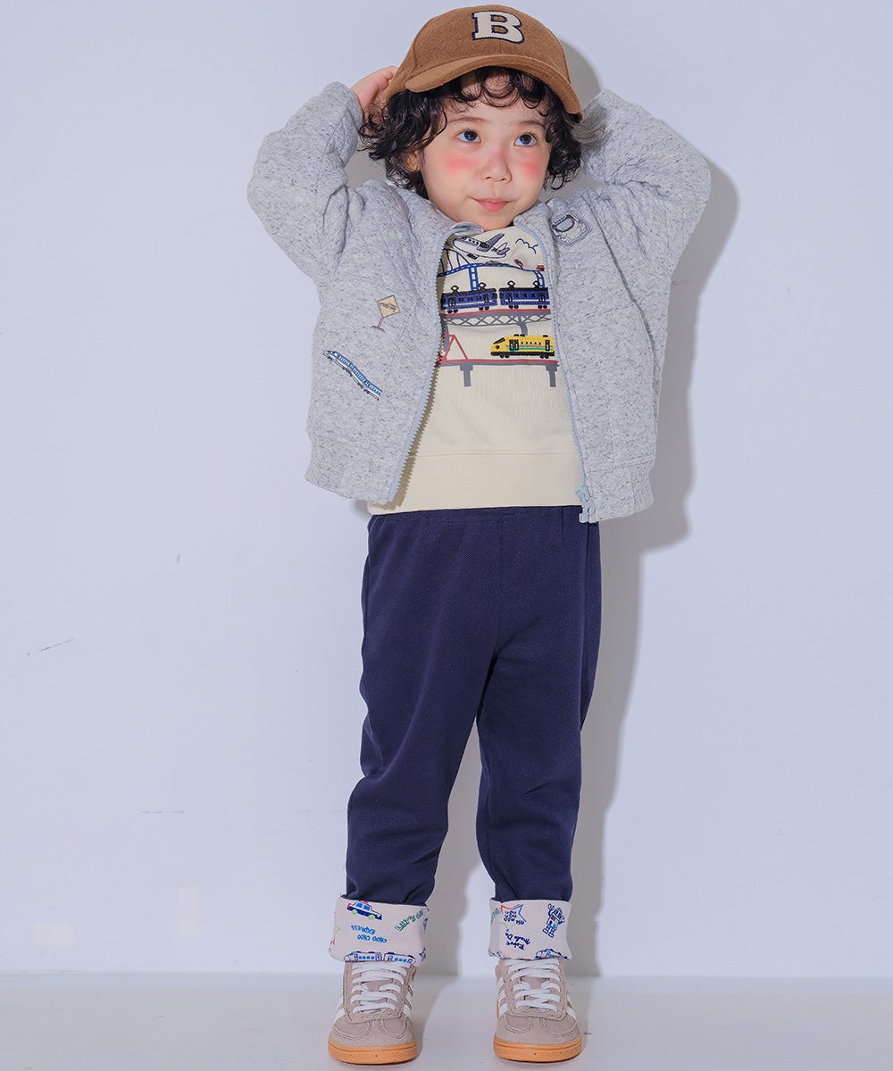 ベビー服 男の子 子ども服 こども キッズストレッチ ツイルニット 乗り物 ロゴ 折り返し 2way ロングパンツ ネイビー(06) モデル画像アップ