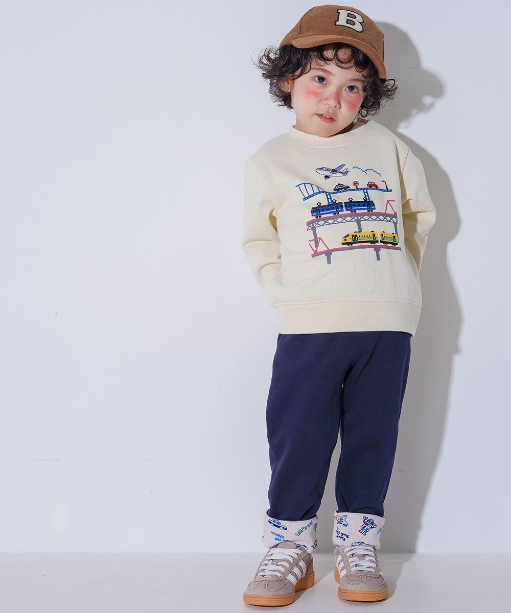 ベビー服 男の子 子ども服 こども キッズストレッチ ツイルニット 乗り物 ロゴ 折り返し 2way ロングパンツ ネイビー(06) モデル画像全身