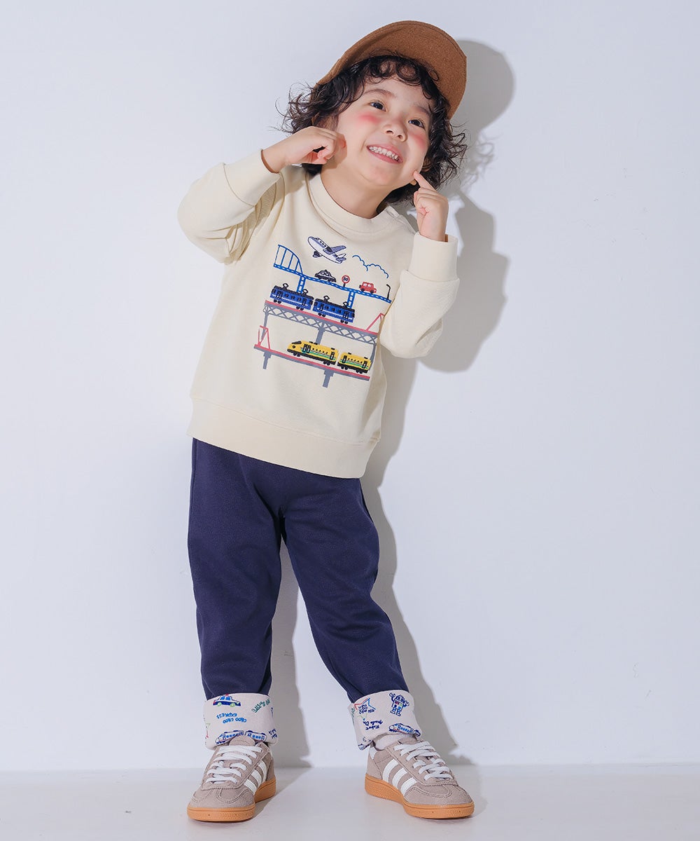 ベビー服 男の子 子ども服 こども キッズストレッチ ツイルニット 乗り物 ロゴ 折り返し 2way ロングパンツ ネイビー(06) モデル画像1