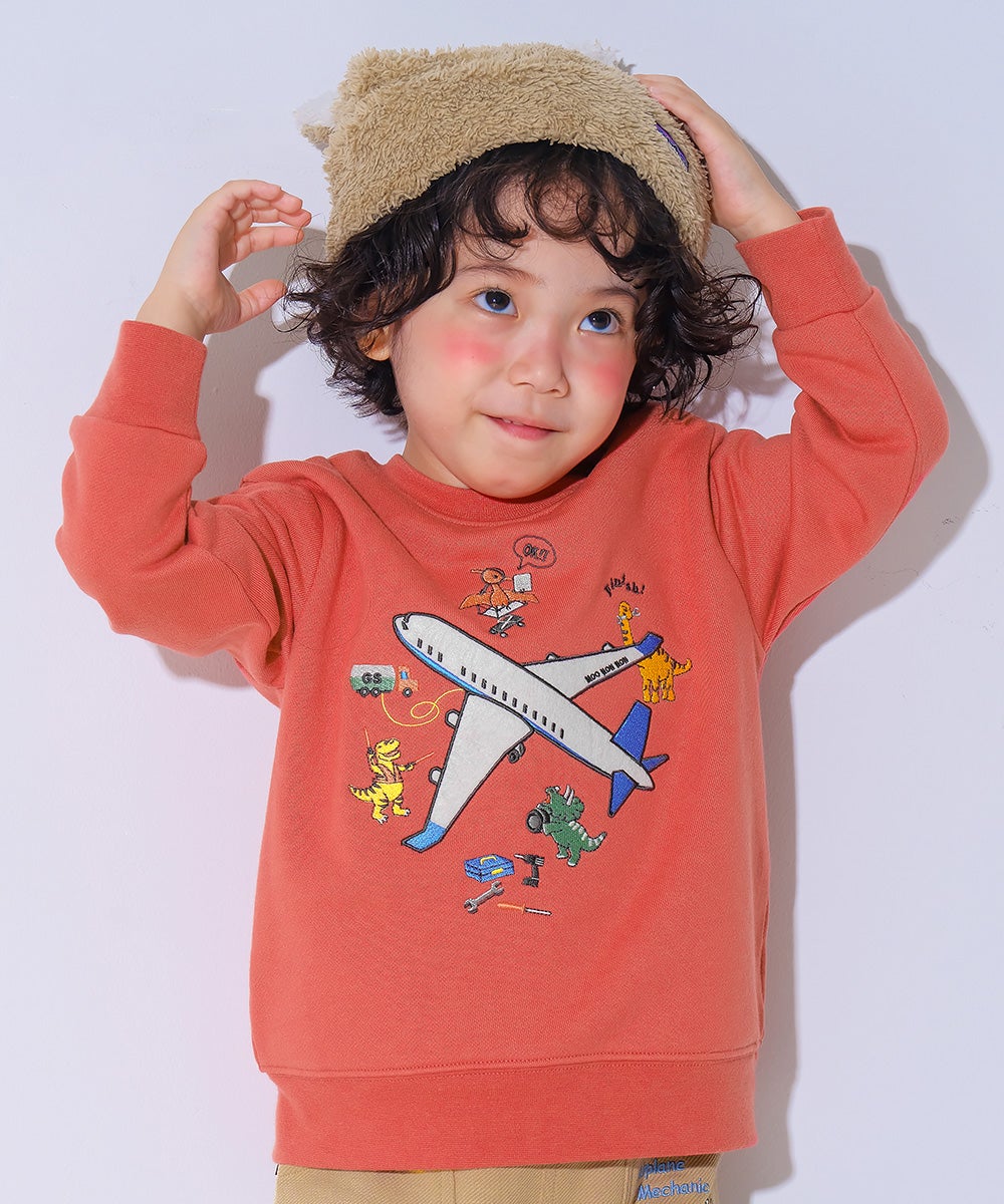ベビー服 男の子 子ども服 こども キッズ 飛行機 カラフル 恐竜 ワッペン 刺繍 裏毛トレーナー オレンジ(07) モデル画像アップ