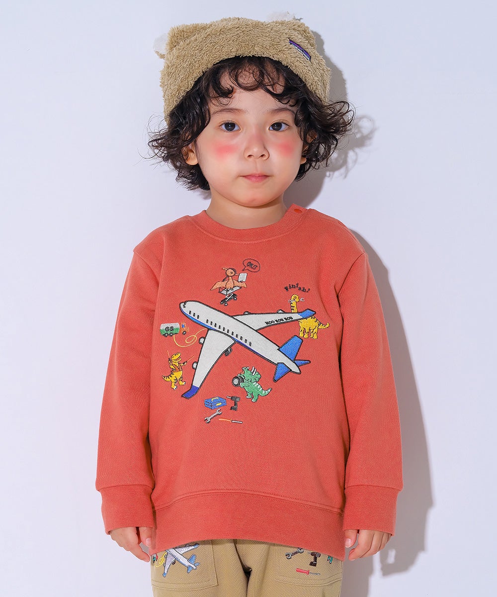 ベビー服 男の子 子ども服 こども キッズ 飛行機 カラフル 恐竜 ワッペン 刺繍 裏毛トレーナー オレンジ(07) モデル画像1