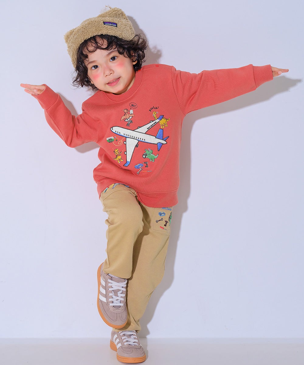 ベビー服 男の子 子ども服 こども キッズ 飛行機 カラフル 恐竜 ワッペン 刺繍 裏毛トレーナー オレンジ(07) モデル画像2