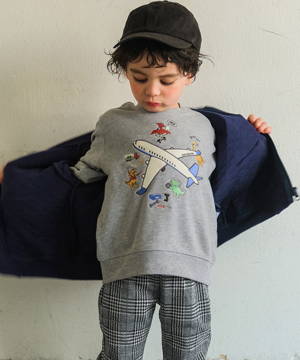 ベビー服 男の子 子ども服 こども キッズ 飛行機 カラフル 恐竜 ワッペン 刺繍 裏毛トレーナー 杢ｸﾞﾚｰ(92) モデル画像2