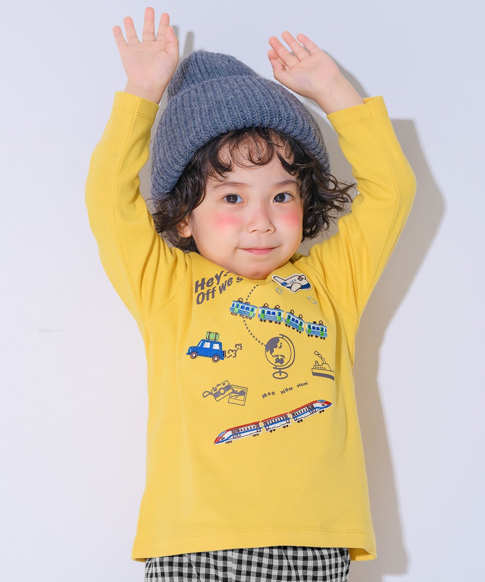 ベビー服 男の子 子ども服 こども キッズ 電車 刺繍 飛行機 乗り物 ワッペン 長そで ロンT イエロー(04) モデル画像アップ