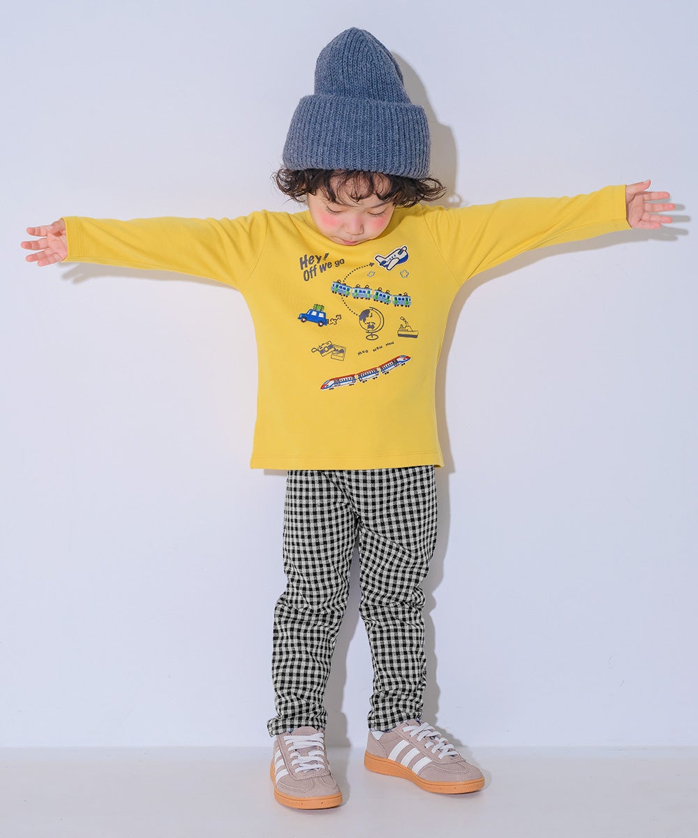 ベビー服 男の子 子ども服 こども キッズ 電車 刺繍 飛行機 乗り物 ワッペン 長そで ロンT イエロー(04) モデル画像全身