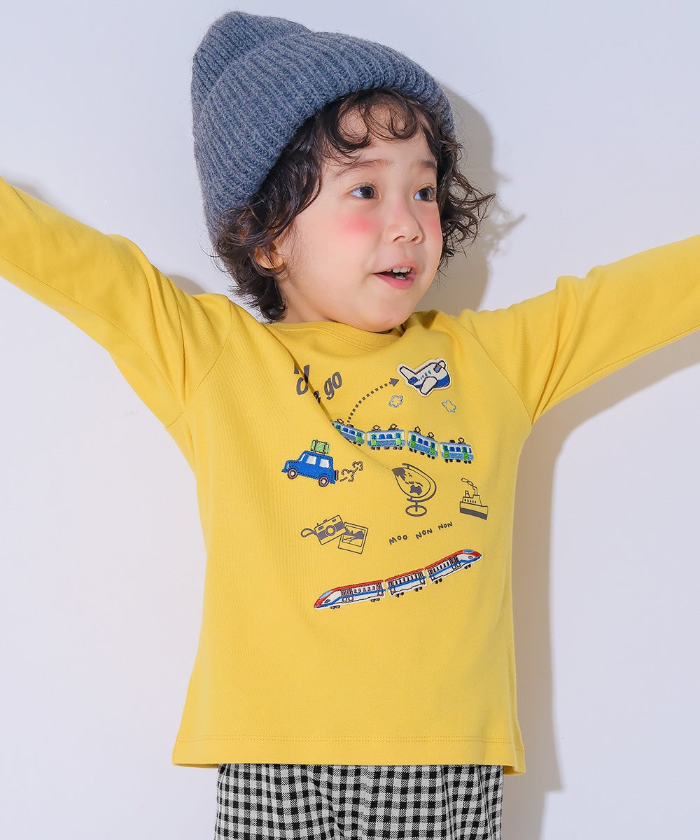 ベビー服 男の子 子ども服 こども キッズ 電車 刺繍 飛行機 乗り物 ワッペン 長そで ロンT イエロー(04) モデル画像1